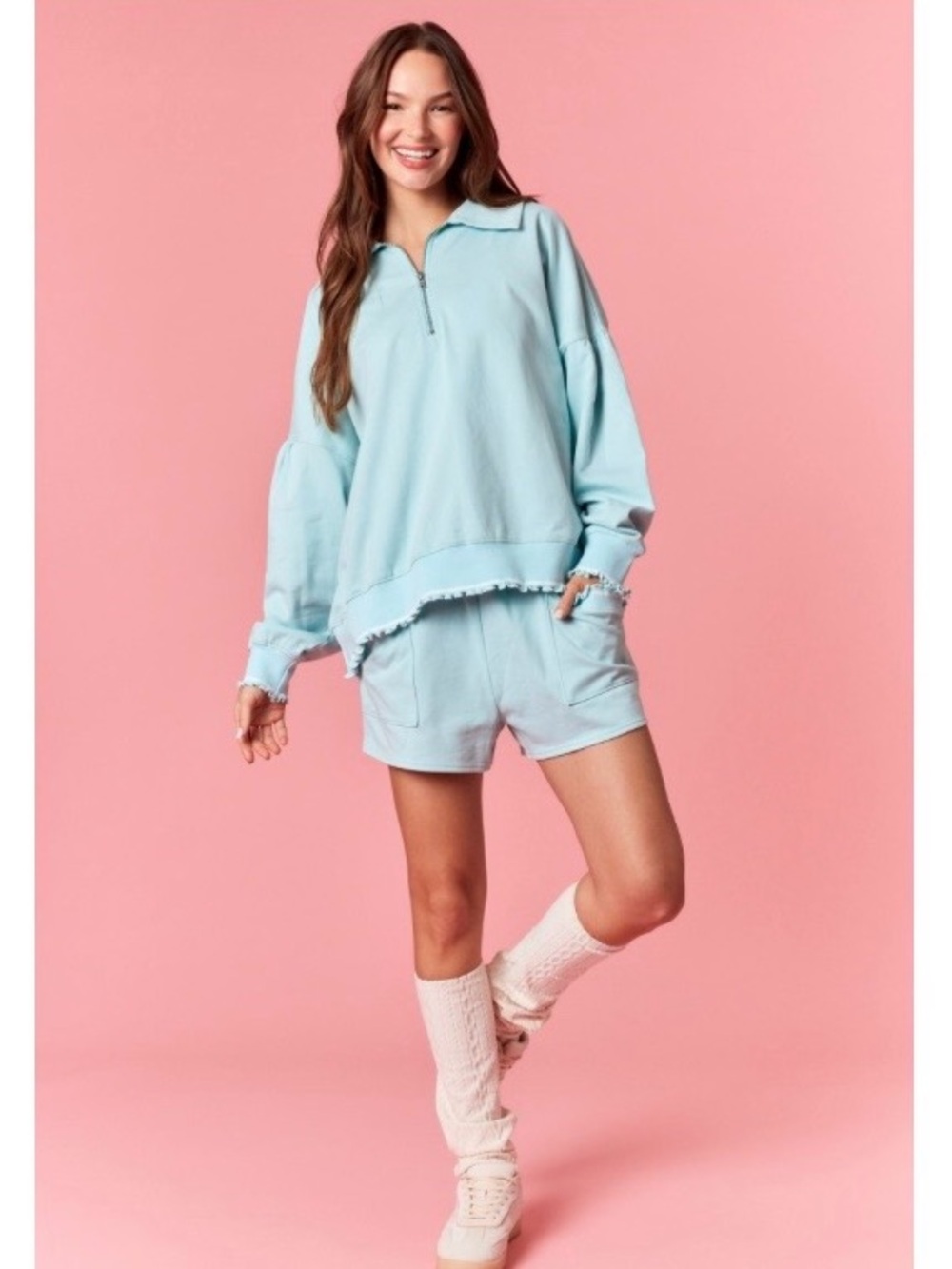 Wavy Hemming One Stripe Knit Band Pull Over Sweatshirt Set